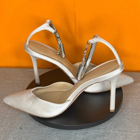 Veronica Beard Lisa White Satin Chain‎ link Ankle Stiletto Pointed Toe Heel 7.5 - Picture 1 of 7